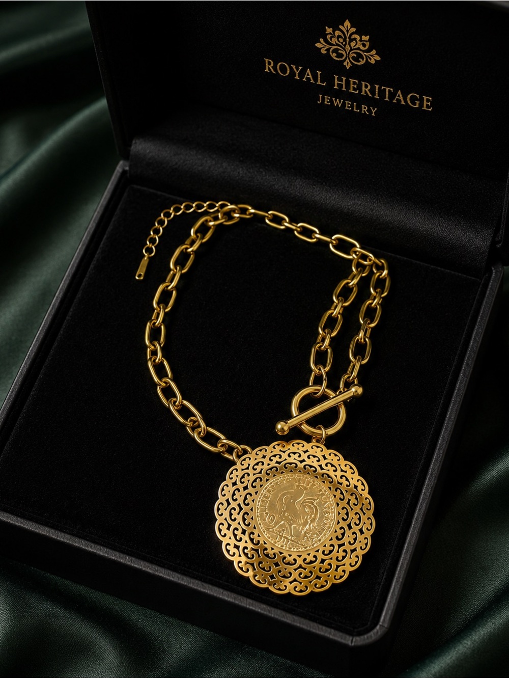 Gold tone Rooster carved Medallion Necklace - Picture 2 of 6